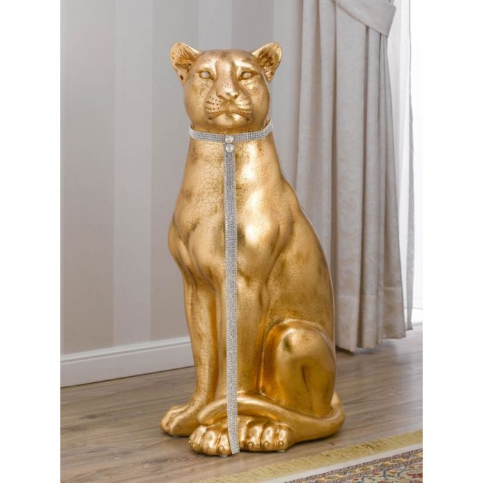 Pantera Arya seduta statua in ceramica crackle foglia oro occhi collare e guinzaglio Crystal Sw