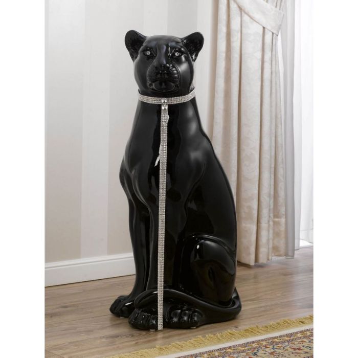 Pantera Arya seduta statua in ceramica nero laccato lucido occhi collare e guinzaglio Crystal Sw
