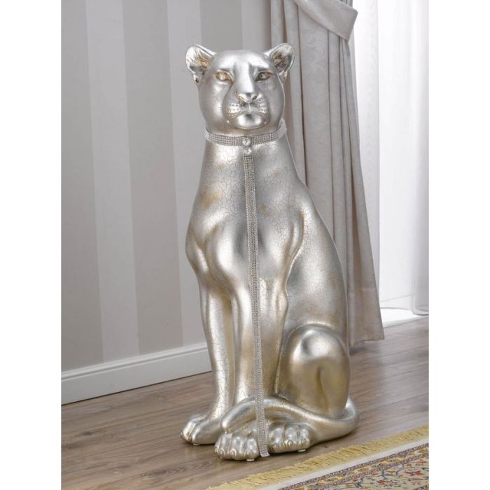 Pantera Arya seduta statua in ceramica crackle foglia argento mecca occhi collare e guinzaglio Crystal Sw