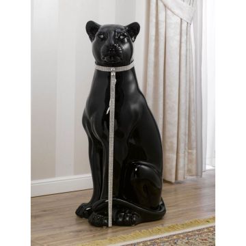 Pantera Arya seduta statua in ceramica nero laccato lucido occhi collare e guinzaglio Crystal Sw