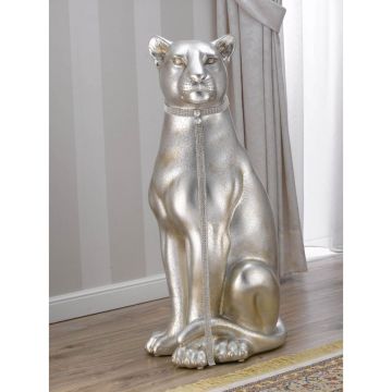 Pantera Arya seduta statua in ceramica crackle foglia argento mecca occhi collare e guinzaglio Crystal Sw