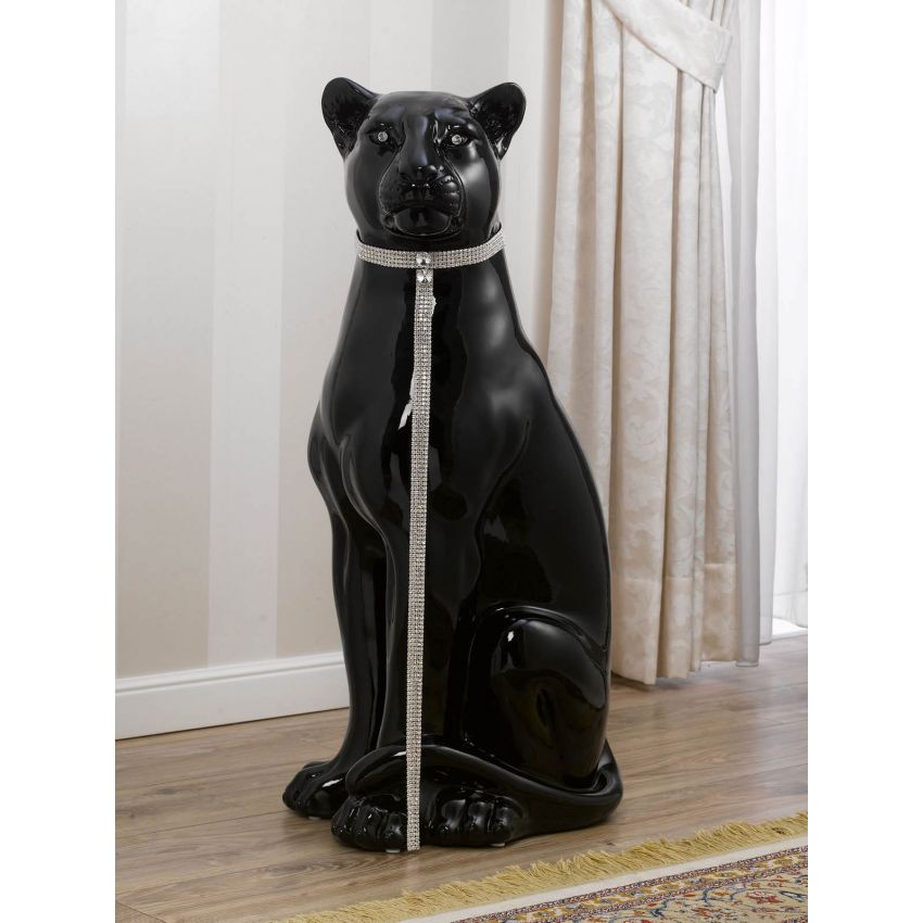 Pantera Arya seduta statua in ceramica nero laccato lucido occhi collare e guinzaglio Crystal Sw